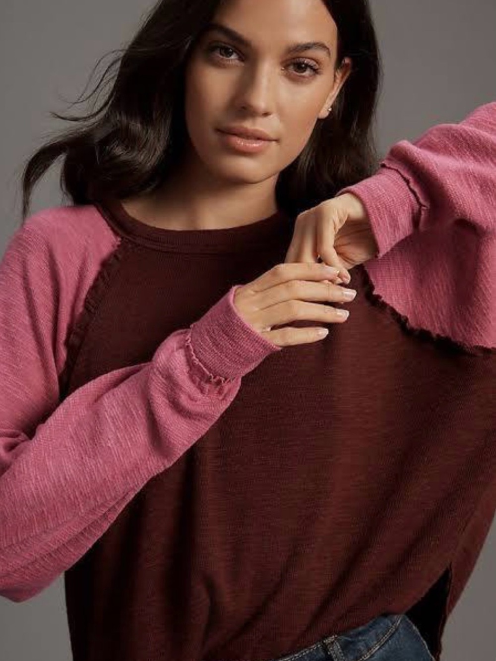 Anthropologie Pilcro Two-Tone Ruffle Raglan Thermal Tee LARGE